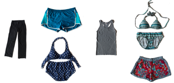 Misc clothing for working out, sleeping and swimming.